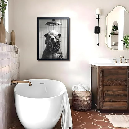 XYHYRA Funny Bear Bathroom Wall Art, Black and White Animal Shower Canvas Print Picture, Cute Bear Taking Bath Poster, Modern Farmhouse Bathroom Restroom Home Wall Decor 16x24 inch Wood Framed