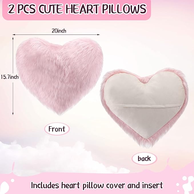 Enhon 2 Pcs Fluffy Heart Pillows Faux Fur Heart Shaped Plush Pillow Soft 20 x 15.7 Inch Love Throw Pillows with Insert for Decorative Office Home Bedroom Living Room Sofa(Pink)