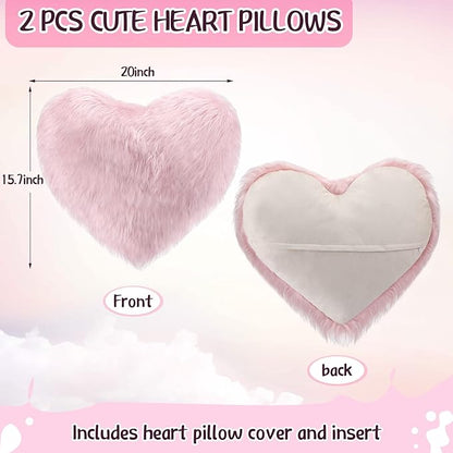 Enhon 2 Pcs Fluffy Heart Pillows Faux Fur Heart Shaped Plush Pillow Soft 20 x 15.7 Inch Love Throw Pillows with Insert for Decorative Office Home Bedroom Living Room Sofa(Pink)