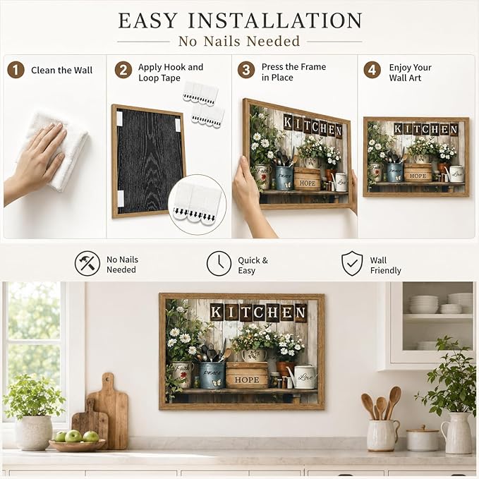 Framed Rustic Kitchen Wall Art Inspirational Kitchen Painting Picture Decor Country Daisy Poster Print Artwork for Restaurant Home Decoration