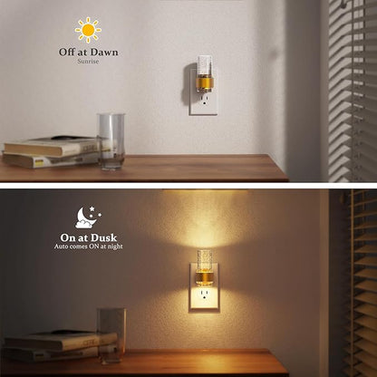 JandCase Night Lights Plug into Wall, Gold Night Light with 3 Colors, 2 Pack Dimmable Plug in Nightlight, Dusk to Dawn Sensor, Adjustable Brightness, 3000K/5000K/Amber for Bathroom Hallway Home Decor