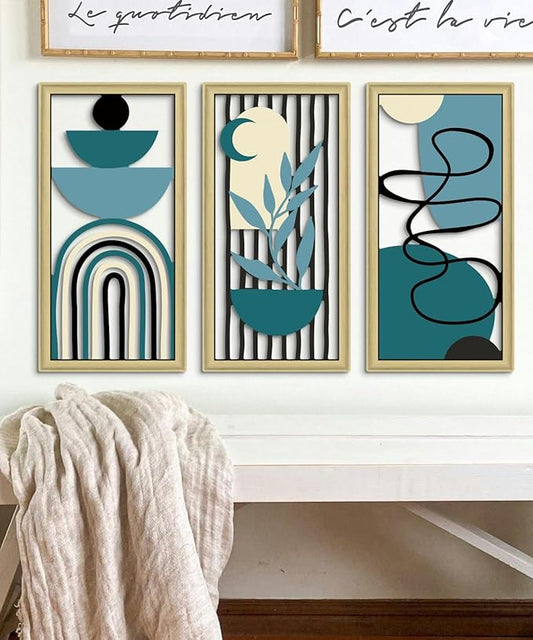 Putuo Decor Boho Wall Art Set of 3 Modern Minimalist Wooden Wall Decor Abstract Geometric Room Decorations Mid Century Artwork for Living Room Bedroom Office in Blue Tones 16.5 x 8.6 Inch