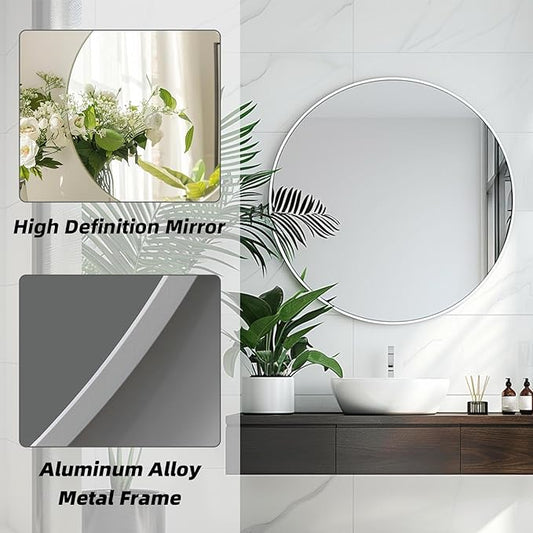 White Round Mirror, 20 Inch White Circle Mirror, Metal Frame Round Wall Mounted Mirrors for Bathroom, Living Room, Bedroom, Entryway, Vanity