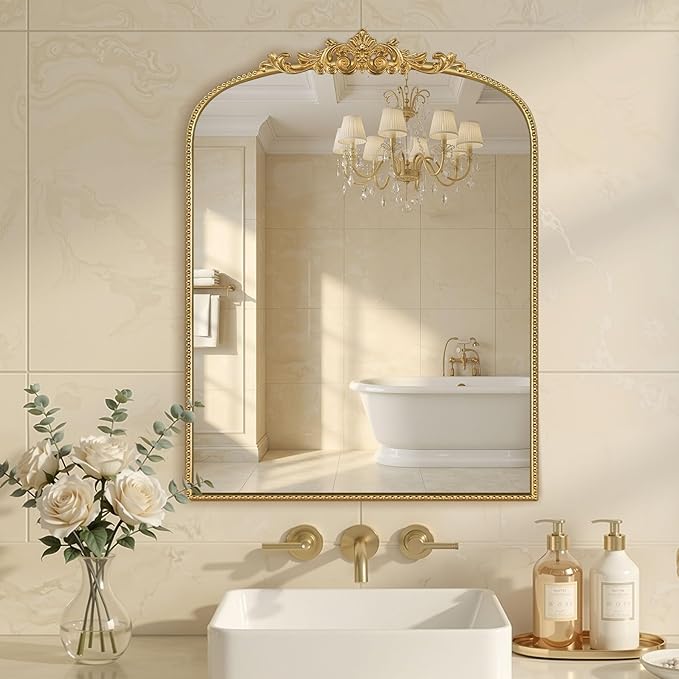Gold Vintage Mirror 24x32 Inch, Laurel Leaf Ornate Beaded Frame Vertical Vanity Mirror, Antique Decorative Mirror for Bathroom, Bedroom, Entryway, Living Room