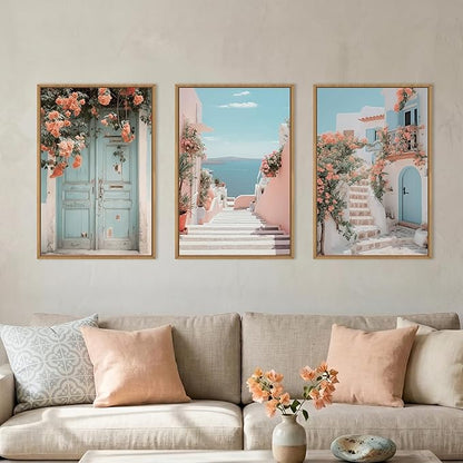 KAIRNE Italy Amalfi Coast Cityscape Framed Canvas Wall Art Set,Neutral Italian Mediterranean Wall Decor,Greece Island Landscape Wall Painting,Florida Beach Artwork for Living Room,Bedroom-16 x24 x3