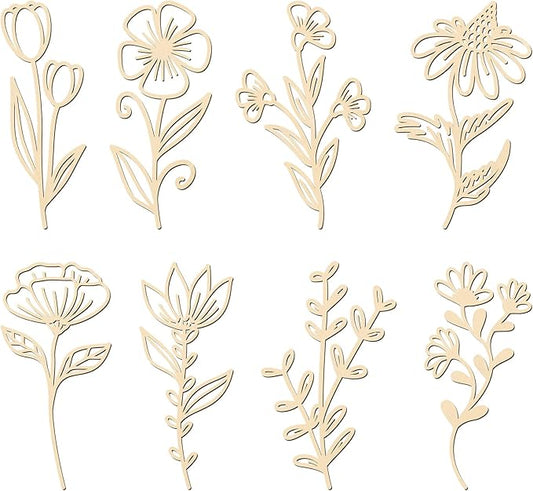 PerKoop 8 Pcs Wooden Flowers Wall Decor Boho Wildflowers Hanging Sculpture Wood Floral Cutouts for Nursery Bedroom Living Room Housewarming Gifts for Home Decorations(Elegant Style)