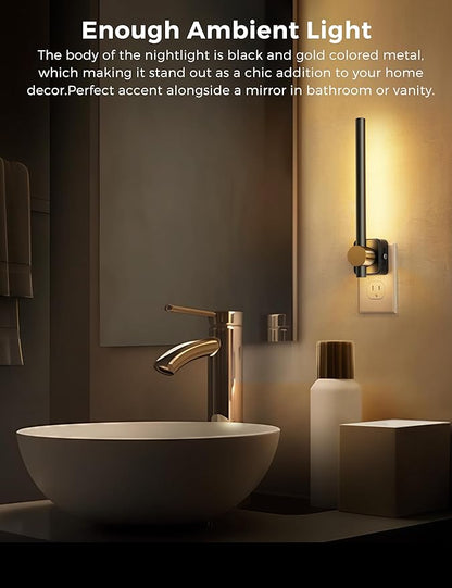 L LOHAS LED Night Light, [2-Pack] Night Lights Plug into Wall, Dimmable Night Light 0-200LM, Nightlights Black and Gold Vanity Nightlights for Bathroom Bedroom, Soft White 3000K, Dusk to Dawn Sensor