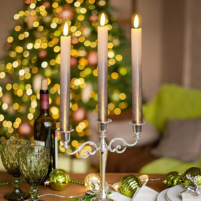Silver Flameless Taper Candles Battery Operated with Remote Timer, Real Wax 3D Wick Flickering LED Taper Candles Dinner Wedding Holiday Decor(6 Pack, 0.78 x 9.64 Inches)