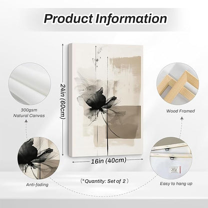 Modern Abstract Floral Wall Art Minimalist Neutral Canvas Painting Decor Beige Cream And Black Wall Art Contemporary Flower Picture Prints for Living Room Bedroom 16x24 Inch Wrapped Canvas Set of 2