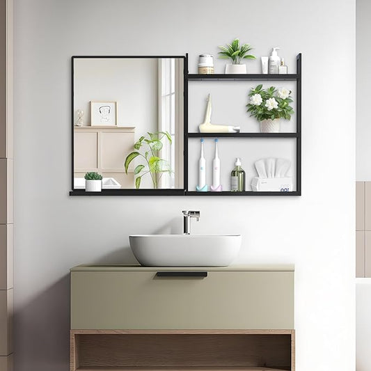 Black Metal Framed Bathroom Mirror with Shelf, 40" X 24.4" Rectangular Wall Mounted Bathroom Vanity Mirror, Modern Bathroom Mirror with Storage for Over Sink, Entryway