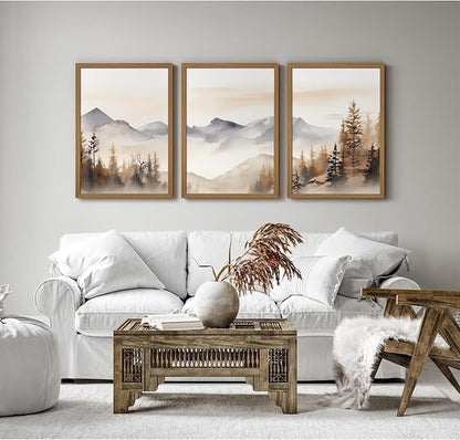 Neutral Mountain Wall Art Decor Set of 3 Forest Canvas Wall Art Poster Landscape Wall Art Artwork Modern Pictures Abstract Painting Watercolor Prints for Living Room Bedroom 12x16 Inch Framed