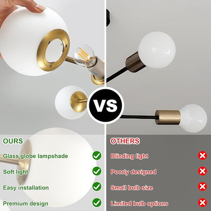 6-Light Glass Sputnik Chandeliers Gold Sputnik Ceiling Light Fixture with Milk White Glass Globe Flush Mount Ceiling Light Fixture for Dining Room Farmhouse Kitchen Living Room Bedroom