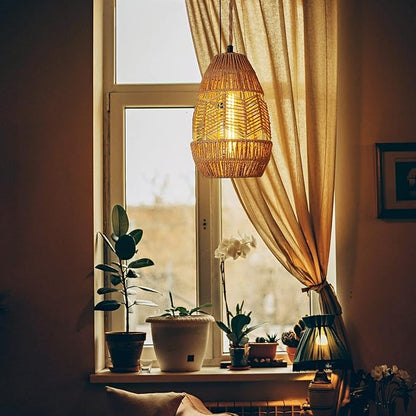 Plug in Pendant Light Rattan Hanging Lights with Plug in Cord 15FT Hemp Rope Cord, On/Off Switch Chandelier for Boho Living Room Bedroom Kitchen（Bulb Included） 11 x 7 inch