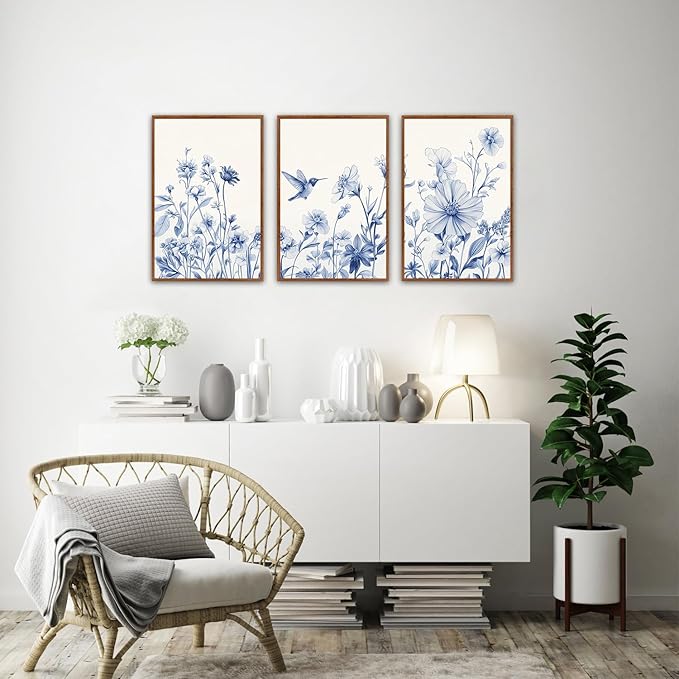 HLNIUC Chinoiserie Floral Wall art,Blue Flower Bird Wall Art,Minimalist Botaincal Artwork,Navy Blue Flower Framed Decor,Neutral Plants Painting,Daisy Prints for Livingroom,Bedroom,Office 16x24x3