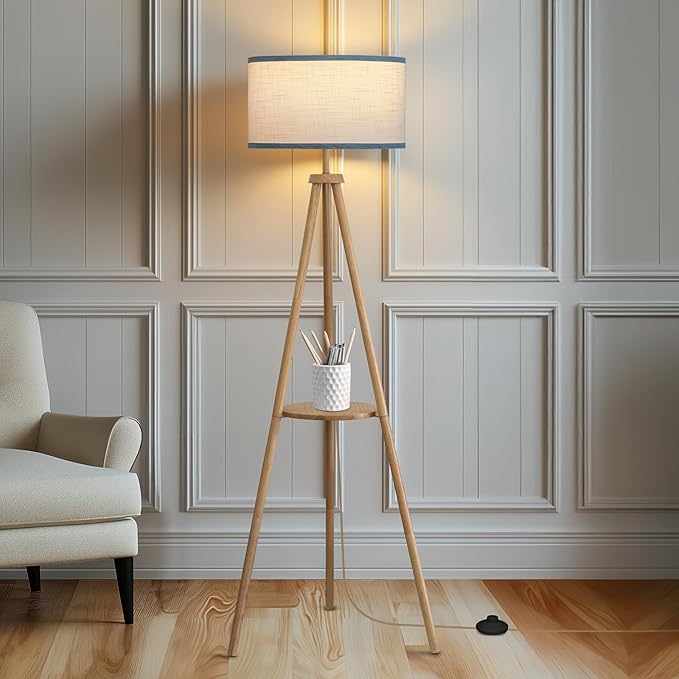 EOEYYOYB Floor Lamp with 3 Light Modes Adjustable– Wood Tripod Floor Lamp Modern LED Standing Lamp with Dimmable Brightness, Perfect for Living Room, Bedroom, and Office, Burlywood