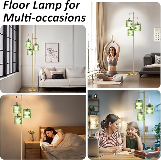 AHDWDW Gold Floor Lamp for Living Room Bedroom,3 Lights Vintage Tree Floor Lamps with Green Glass Shades,Mid Century Modern Floor Lamp for Corner Office,68IN Unique Tall Standing Lamp with Bulbs