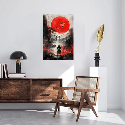 Japan Samurai and Full Moon Pictures Wall Art Japanese Theme Painting Canvas Prints Bushido Posters Japanese Landscape Artwork Home Decor Framed for Living Room Bedroom Office (18''W x 24''H)