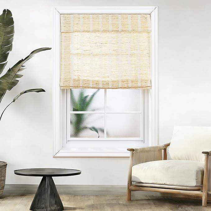Motorized Bamboo Roman Shades, Motorized Blinds with Remote Compatible with Homekit, Alexa GoogleHome, Smart Wood Woven Shades for Indoor Windows, Customize, Sol Fringe