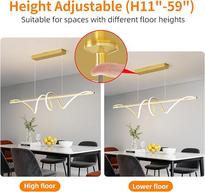 Modern LED Gold Pendant Light, 57IN Ceiling Chandelier Fixtures Dimmable with Remote Control 3000k-6500K Adjustable Color Temperature, Aluminum Island Lighting Lamp for Dining Room, Living Room