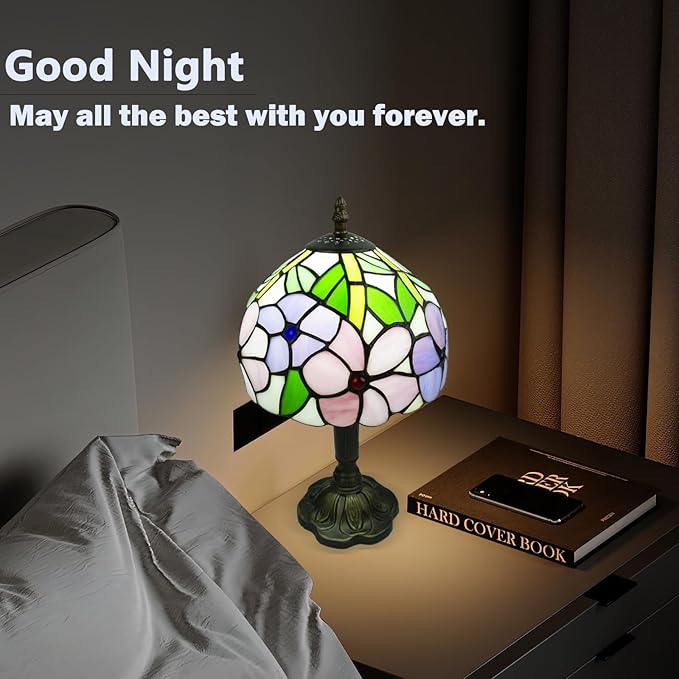 Tiffany Style Table Lamp, 3 Color Temperatures Bedside Lamp, 8 Inch Stained Glass Desk Light for Home Office Bedroom Living Room (4 Flower Pattern)