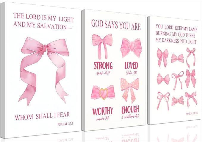JBZDD Christian Pink Bow Wall Art Set of 3 Inspirational Bible Verses Quotes Decor Posters Pictures Prints for Girls Room College Apartment Bathroom Bedroom Living Room12x16in Framed
