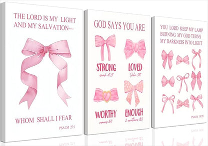 JBZDD Christian Pink Bow Wall Art Set of 3 Inspirational Bible Verses Quotes Decor Posters Pictures Prints for Girls Room College Apartment Bathroom Bedroom Living Room12x16in Framed