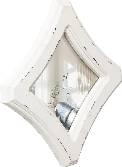 Farmhouse Small Decorative Mirrors for Wall Decor Living Room 7.9 inch, Hanging Distressed White Vintage Wood Frame Bedroom Mirror, Rustic Rhombus Wall Mounted Mirror for Home Decor