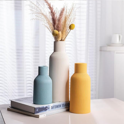 Colorful Ceramic Flower Vases Set of 3, Matte Vertical Ribbed,Minimalist for Pampas, Dried & Fresh Flowers, Centerpiece for Living Room, Shelf, Entryway, Wedding (White, Yellow, Blue)