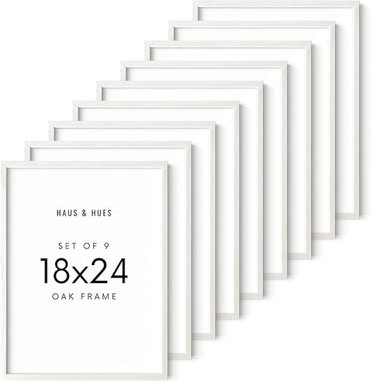 HAUS AND HUES White Oak Wood 18x24 Picture Frames - Set of 9, Modern Frames for Posters and Wall Display