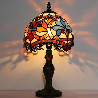 Tiffany Style Lamp Stained Glass Table Lamp 8 x 14.5 Mini Accent Light Yellow Phoenix Tail Design Small Decorative Bedside Reading Memory Lamp