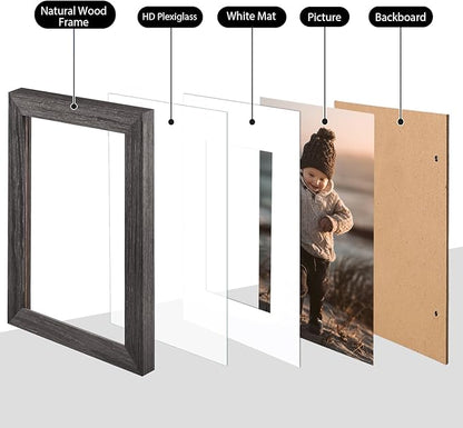 KINLINK 6x8 Picture Frame Ash Black, Solid Wood Frames with Acrylic Plexiglass for Pictures 4x6 with Mat or 6x8 without Mat, Tabletop and Wall Display Photo Frame, Set of 4