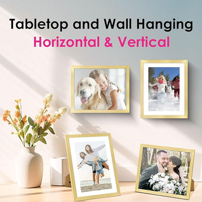 FIXSMITH 8x10 Picture Frame Bulk-6 Pack, Gold Picture Frames Collage Wall Decor, Wall & Tabletop Picture Frames, Photo Frame with HD Plexiglass, Display Pictures 5x7 with Mat or 8x10 Without Mat
