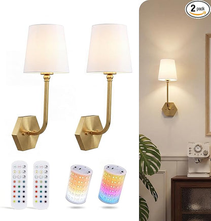 CLOUDY BAY 10000mAh Battery Operated Wall Sconces,Up to 100 Hours with Rechargeable RGB Dimmable Magnetic Bulb,Cordless Wall Lighting Fixtures with Remote for Bedroom,Soft Gold,2 Pack-17.9inch