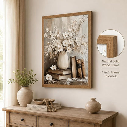 Framed Rustic Books Wall Art Farmhouse Floral Painting Picture Wall Decor Still Life Flowers Poster Print Artwork for Library Gallery Living Room Home Decoration