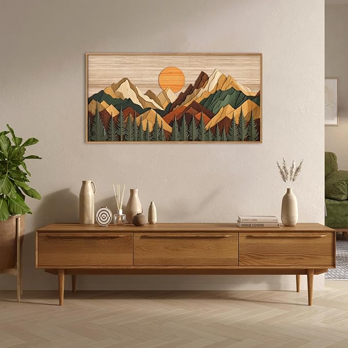 Celestdeco Large Woodcut Style Mountain Framed Canvas Wall Art Set,Woodsy Rustic Ridge Wall Decor,Boho Pine Tree Forest Wall Painting,Abstract Sunrise Wooden Art Print for Living Room,Bedroom,Office-20"X40"(Not-3D Effect)