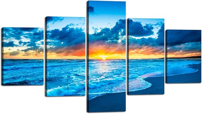 Beautiful Landscape Sunset Wave Beach Ocean Modern Seascape Pictures Painting on Canvas 5 Panels Combination Extra Large for Wall Art Living Room Home Decor Framed Stretched (60''W x 40''H)
