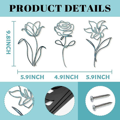 Oubasa Metal Flowers Wall Art Set of 3, Farmhouse Floral Home Decoration, Modern Line Art Flower Wall Decor for Living Room Bedroom Bathroom, Minimalist Botanical Wall Sculpture – Lily, Tulip, Rose