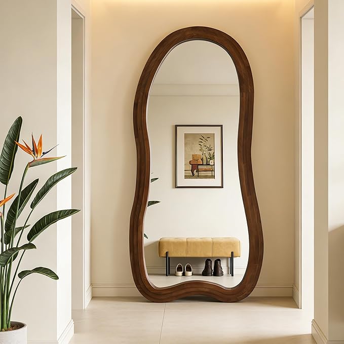 Large Irregular Floor Mirror, 67"x31.5" Organic Floor Mirrors with Triple Layer Solid Wood Frame, Premium Asymmetrical Full Body Mirror for Living Room Entryway Bedroom, Leaning/Hanging