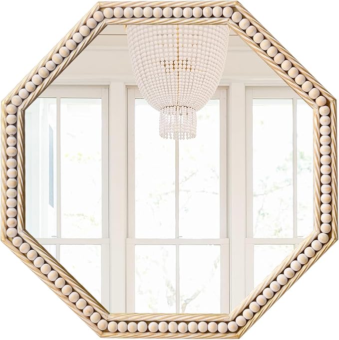 Octagon Bathroom Mirror 24x24 Inch, Gold Accent Mirror, Antique Beaded Mirror Metal Framed, Rustic Square Vanity Mirror for Bedroom Living Room Washing Room Entryway