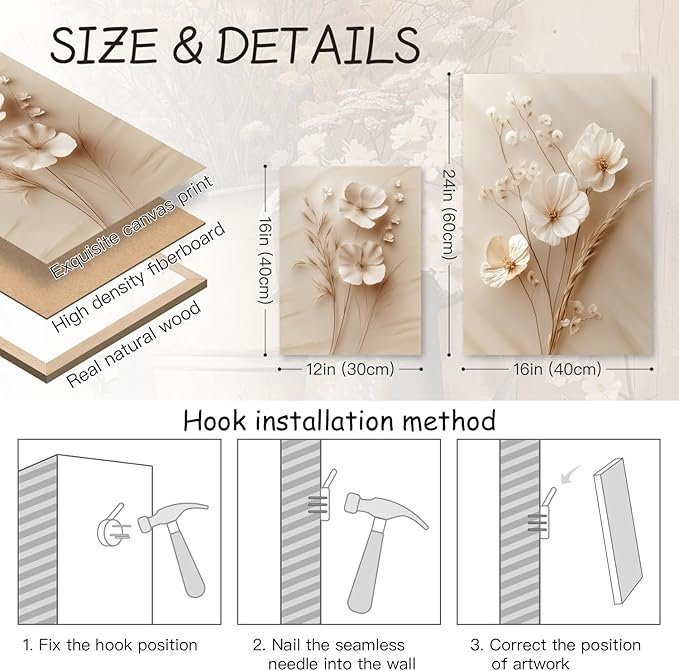 HLXRAE Minimalist Beige Floral Canvas Wall Art, Neutral Farmhouse Wall Decor, Framed Vintage Botanical Poster Prints, Modern Flower Aesthetic Pictures for Bathroom Living Room Bedroom 12"x16"x3