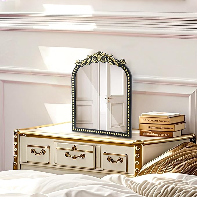 Vintage Vanity Makeup Mirror, 12.1" x 9.8" Antique Arched Black Table Mirrors for Dresser,Baroque Decor Ornate Standing Mirror for Living Room,Tabletop,Bedroom