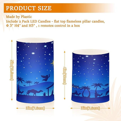 ALAZA Christmas Blue Nativity Scene Flickering Flameless Candles Battery Operated with Remote Timer,Tea Light Candles LED Pillar Votive Candles Set of 2 for Outdoor Indoor Decorations