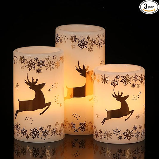 Gold Deer Flameless Flickering Candles Battery Operated with 6H Timer, 3 Pack Real Wax Warm Light LED Pillar Candles Dinner Tabletop Holiday Centerpiece Decor 3" x 6"