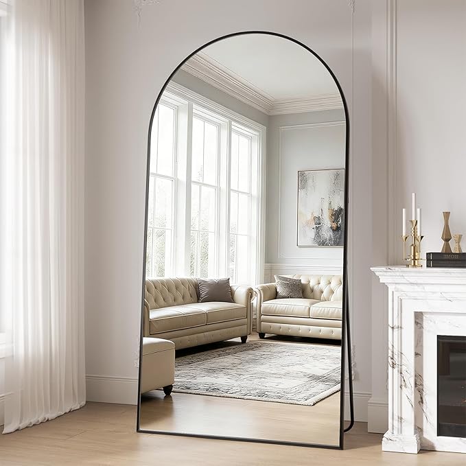 Full Length Mirror, 78"x35" Arched Full Body Mirrors, Large Floor Mirror with Stand, Hanging Mounted for Bedroom Living Room Cloakroom, Aluminum Alloy Frame, Black