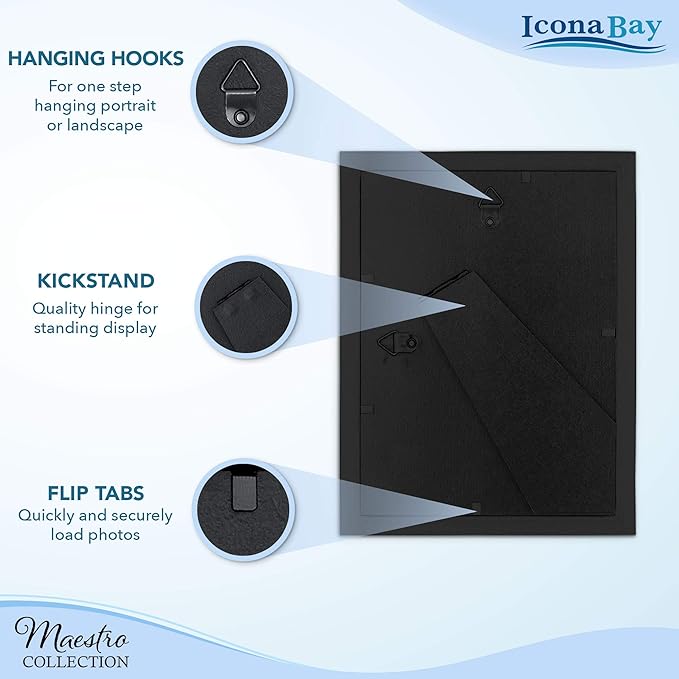 Icona Bay Combination Black Picture Frames Set - 10 PC (Five 4x6, Three 5x7, Two 8x10), Classy Contemporary Style, Maestro Collection for Wall Gallery