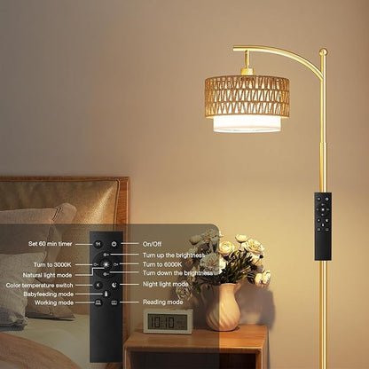 Ambimall Arc Floor Lamp for Living Room with Remote, Color Temperature & Brightness Adjustable, Boho Standing Lamp with Rattan & Fabric Double Drum Shades, Bulb Included(Gold)