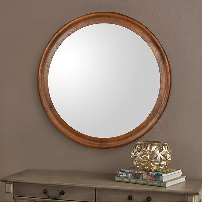 CULER Round Wall Mirrors 24 Inch,Wood Rustic Decorative Transitional Mirror with Walnut Frame for Wall,Farmhouse Hanging Vanity Mirror for Bathroom Bedroom Living Room or Entryway（Walnut Brown）