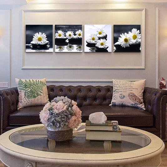Yxbhhym-Black and White Wall Art Zen Décor Canvas Print Daisy Poster Painting Flower Stone Picture Meditation Artwork for Bathroom Decoration Dining Wall Art Bedroom Living Room Decor Office Framed
