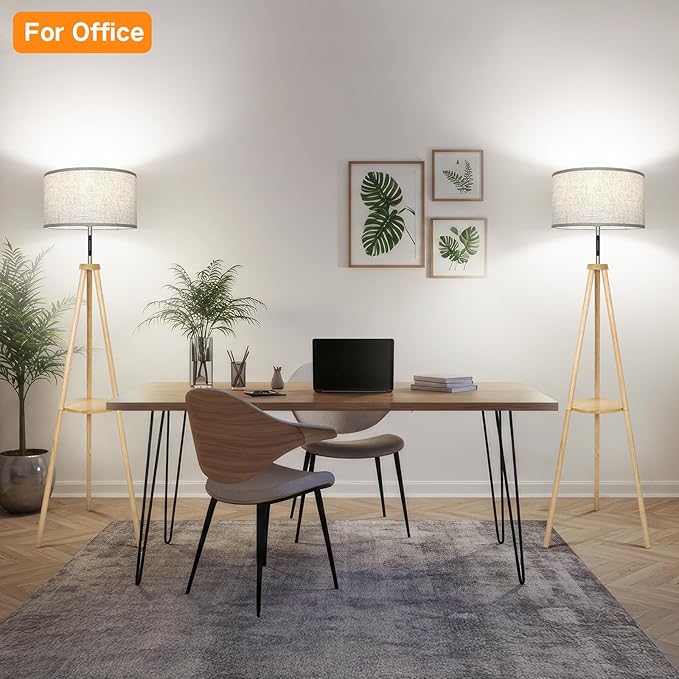 OUTON Wood Tripod Floor Lamp with Shelves, Mid Century LED Modern Dimmable Floor Lamp with Remote Control, Sturdy Tall Standing Lamp with Beige Lamp Shade for Living Room, Bedroom, Office