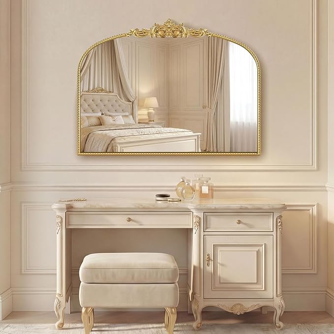 Gold Vintage Mirror 32x24 Inch, Laurel Leaf Ornate Beaded Frame Decorative Vanity Mirror, Antique Style Horizontal Bathroom Mirror for Living Room, Entryway，Dresser, Mantle